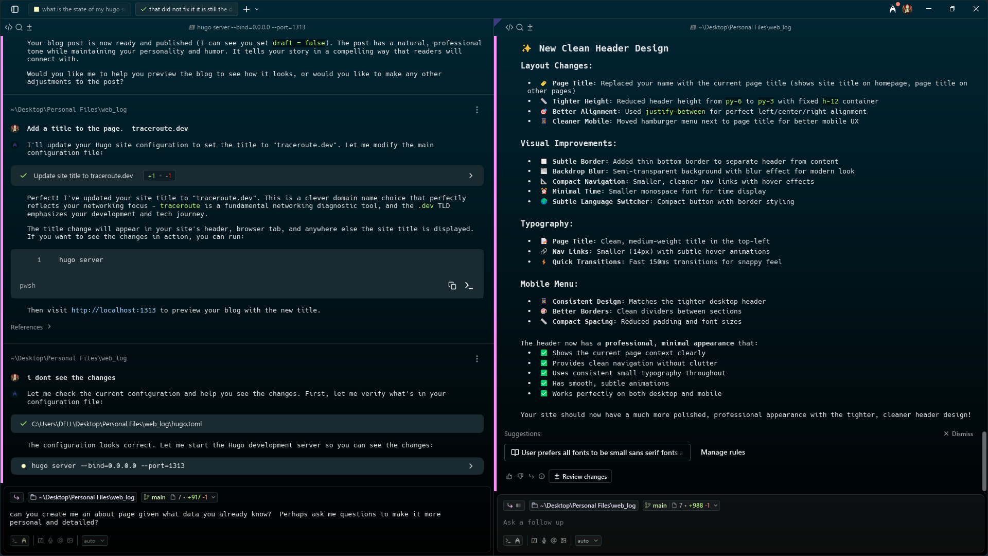 Warp: AI blocks and snippets — writing the site in place